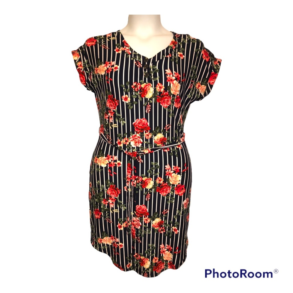 Bobbie Brooks Henley Dress Navy Stripe Floral Crochet Back